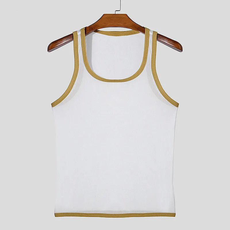 Men's black mesh fitness vest with straight hem design on white background