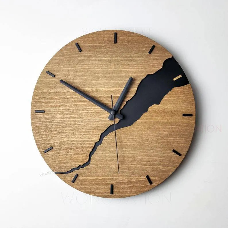 Modern wooden wall clock with a cracked finish design and silent quartz movement.
