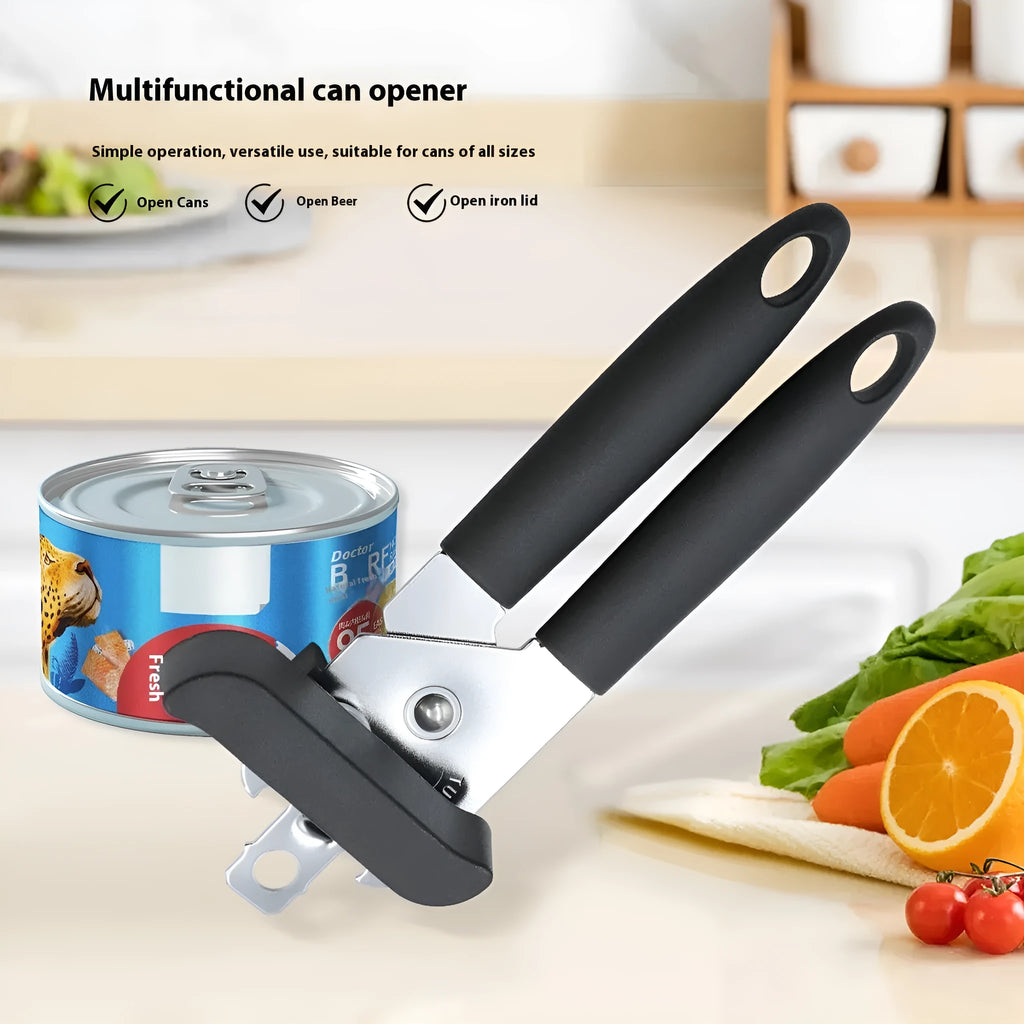 Strong stainless steel can opener and bottle opener, black finish, 18.5 x 5 cm, on a kitchen counter