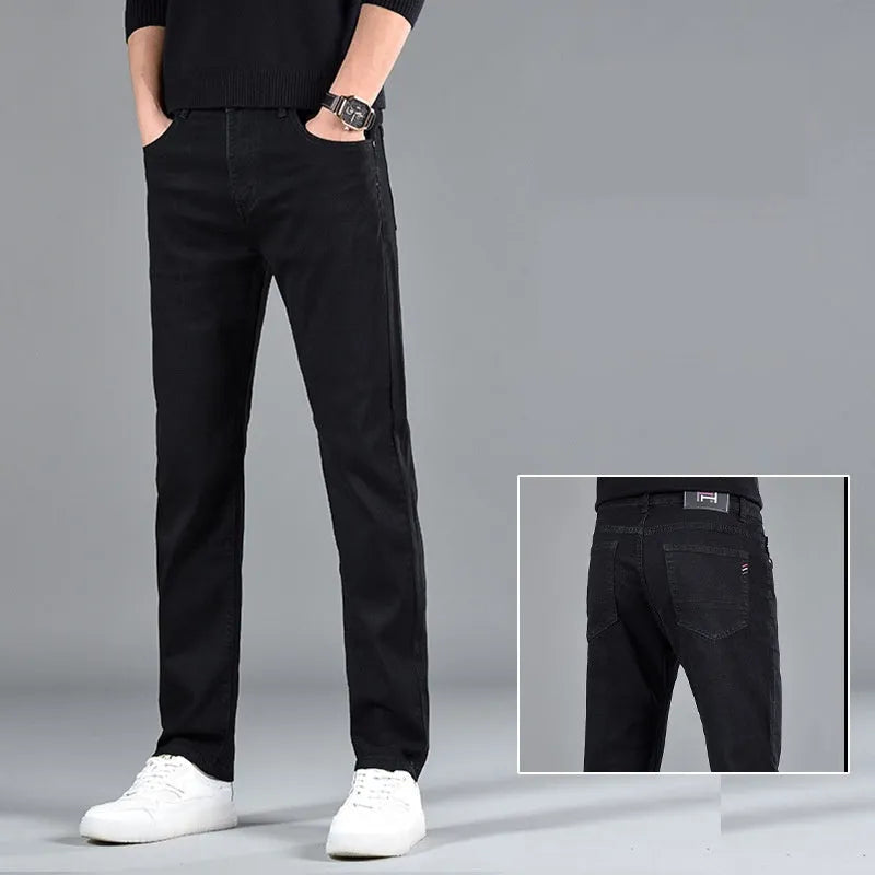 Men's slim fit youth casual straight-leg cotton jeans in black, mid waist, zipper fly, size 30