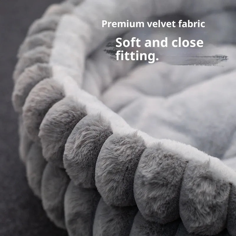 Round plush cat bed in grey, 50cm diameter, on a wooden floor