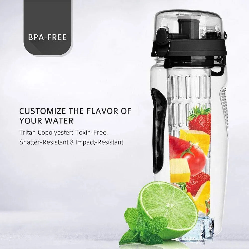 32oz Tritan plastic fruit infuser water bottle with removable infuser cup, shown in one of seven style options.