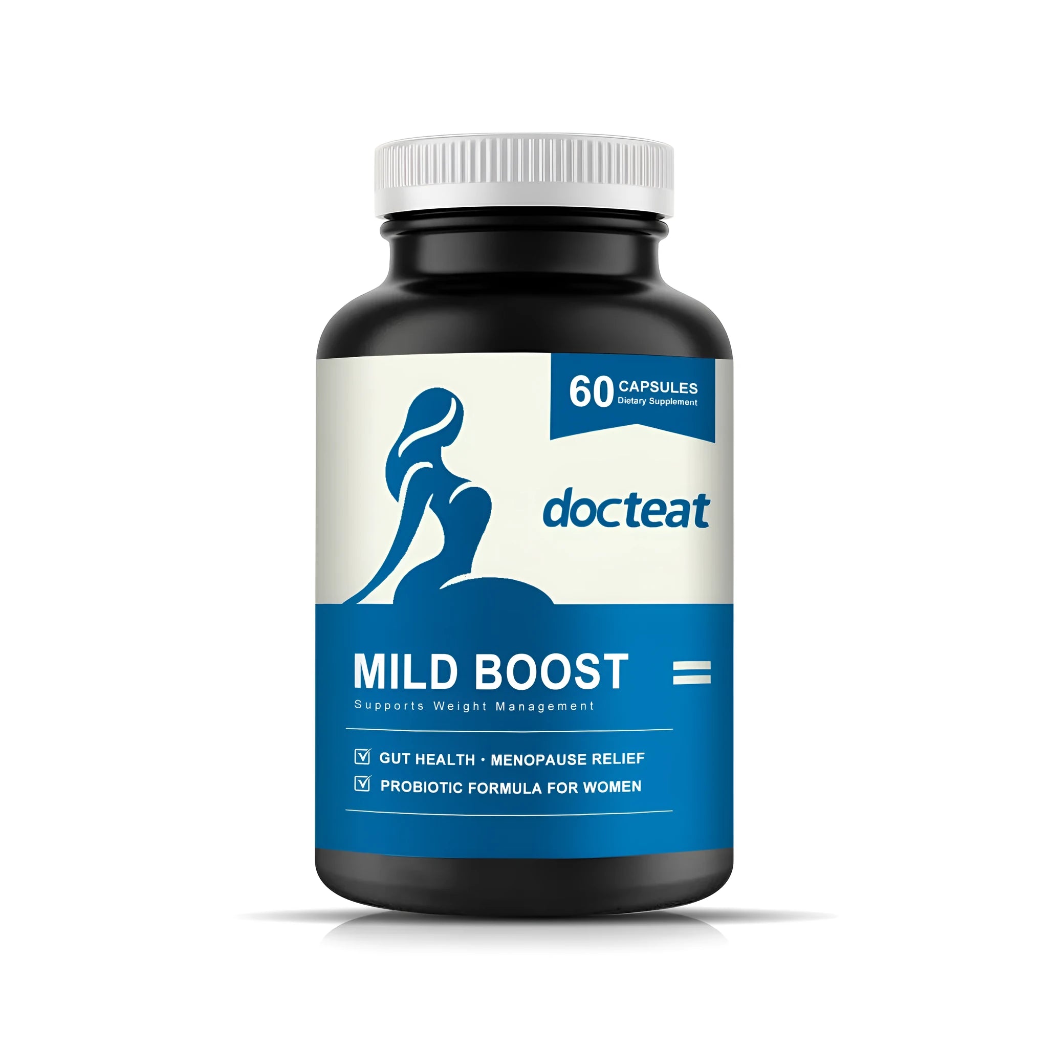 Bottle of 60 vegetarian dietary supplement capsules containing probiotic blend, turmeric, and moringa extracts