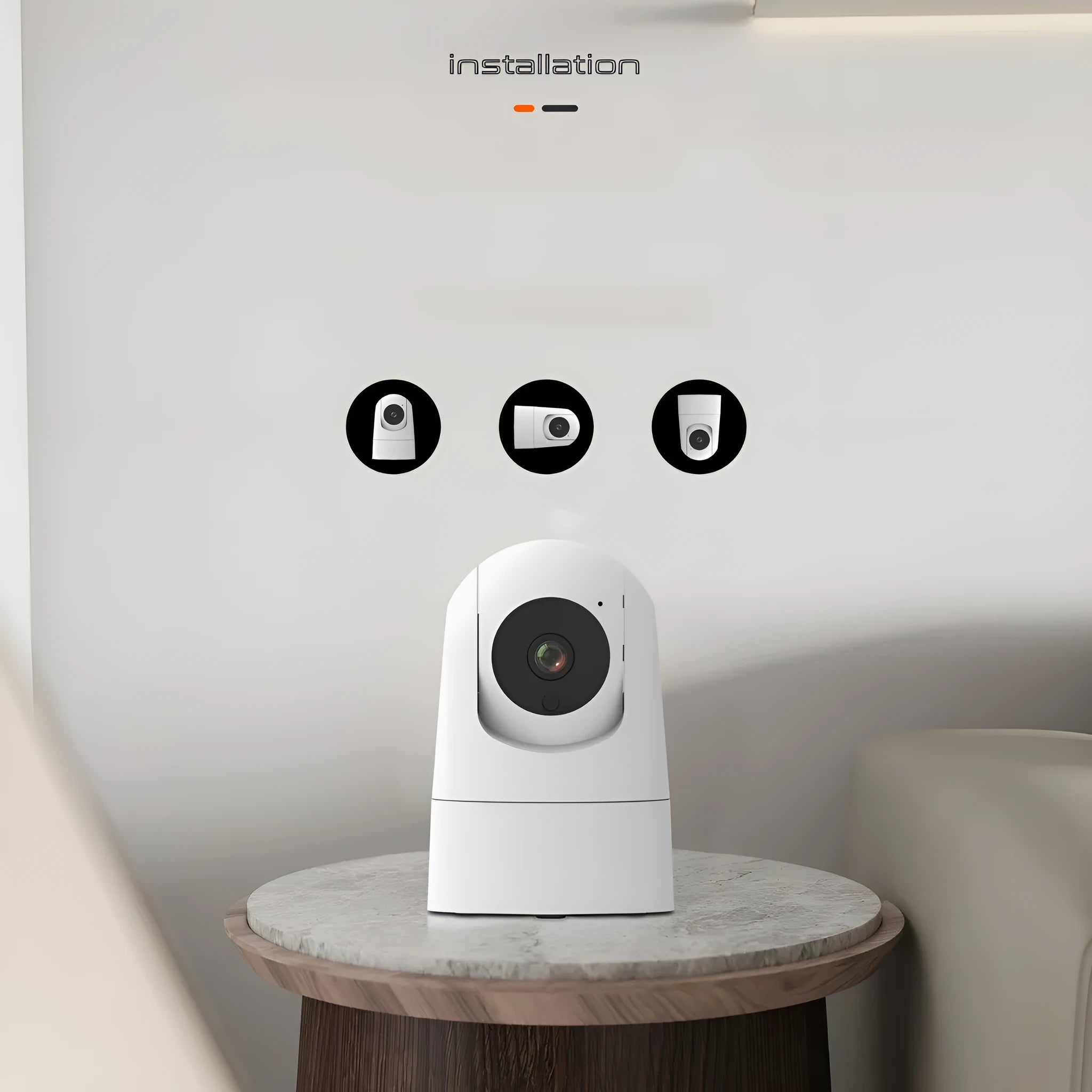 White indoor security camera with wide-angle lens on a shelf, showing compact 80x80x115mm size.