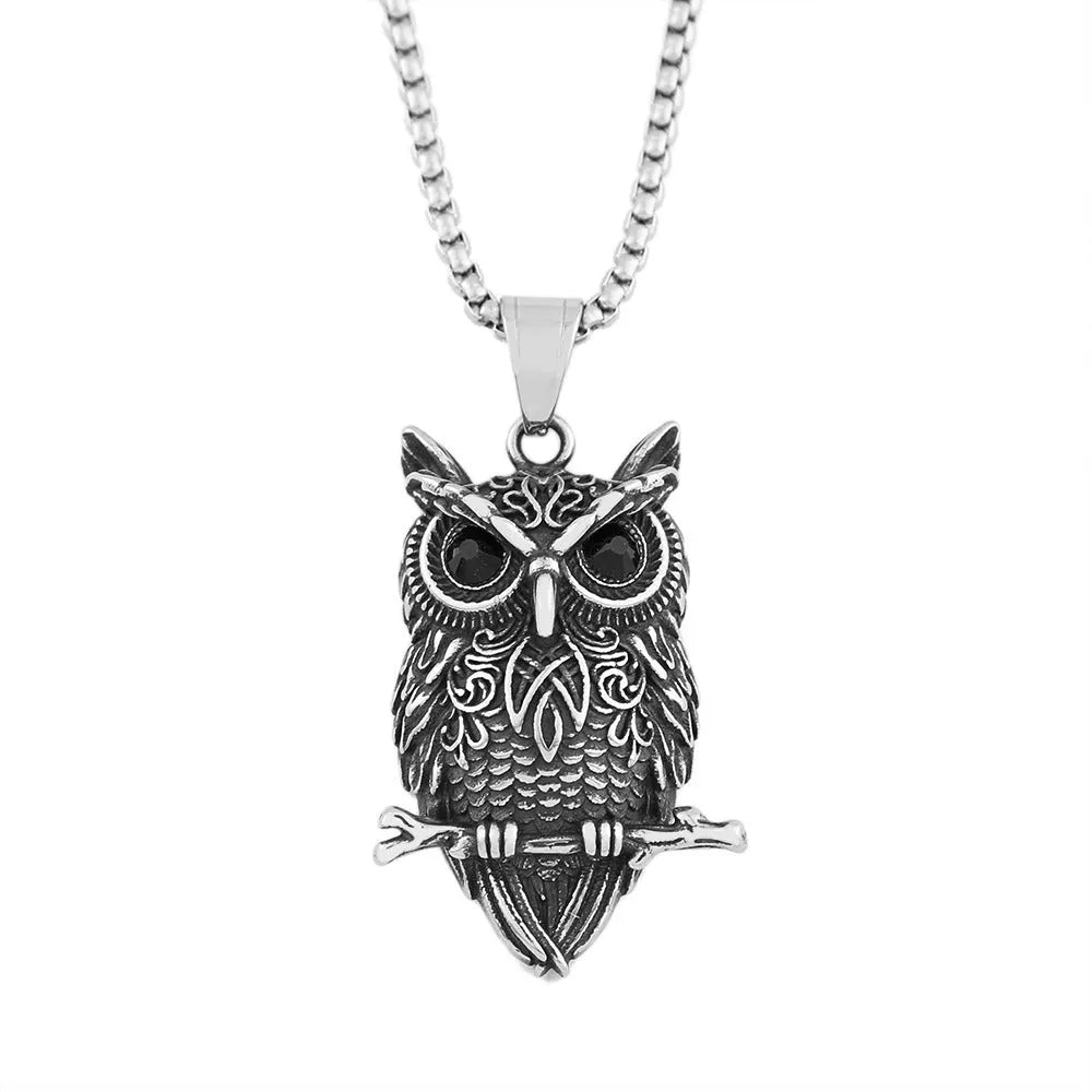 Titanium steel men's necklace with polished black eye owl pendant on O-link chain