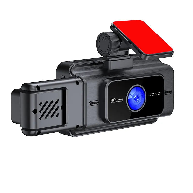 Black 3 lens driving recorder dash cam with 3 inch screen for front windshield mounting.