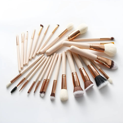 26 pink makeup brushes with wooden handles in PU storage bag