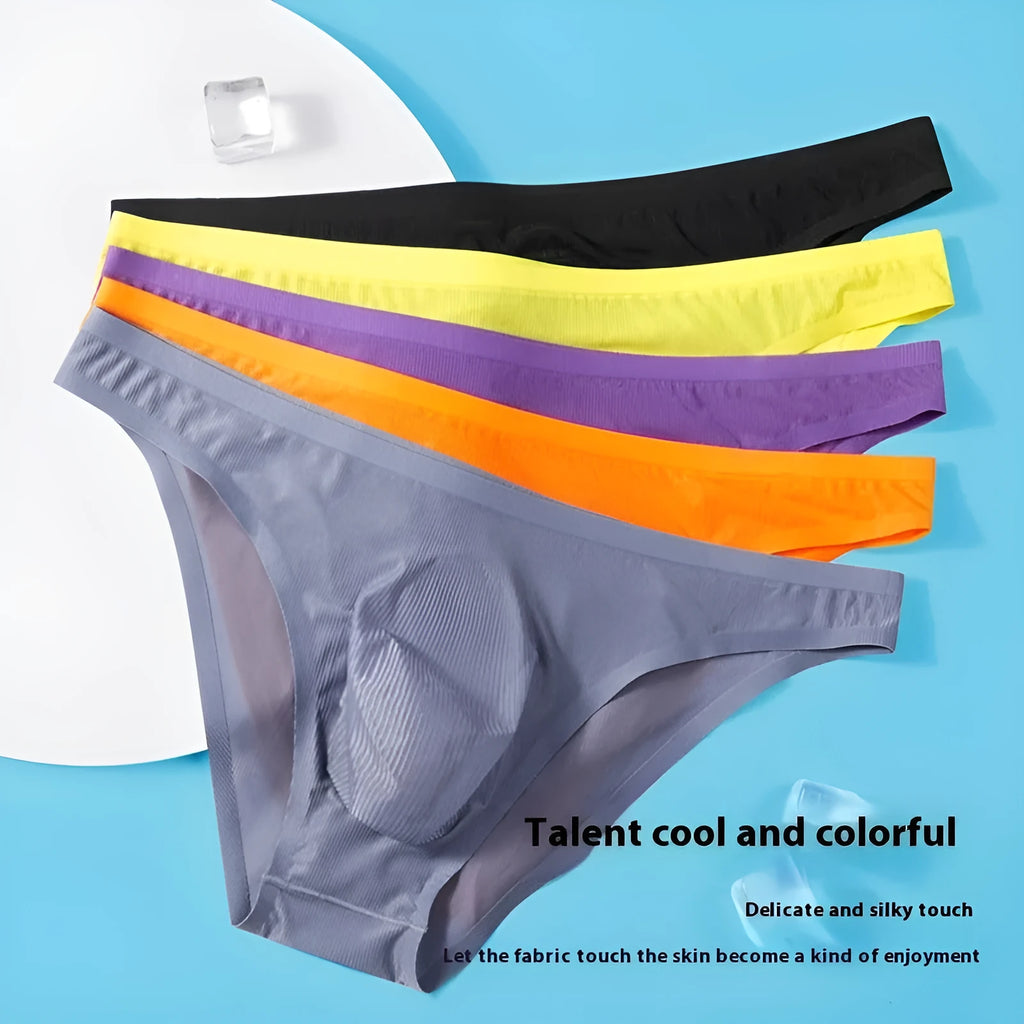 Men's seamless ice silk underwear briefs in striped colours on a white background