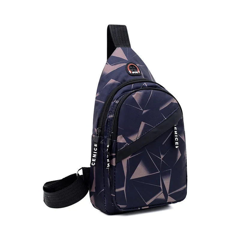 Blue Oxford cloth crossbody messenger bag with a strap, showing a front earphone hole and zipper closure.