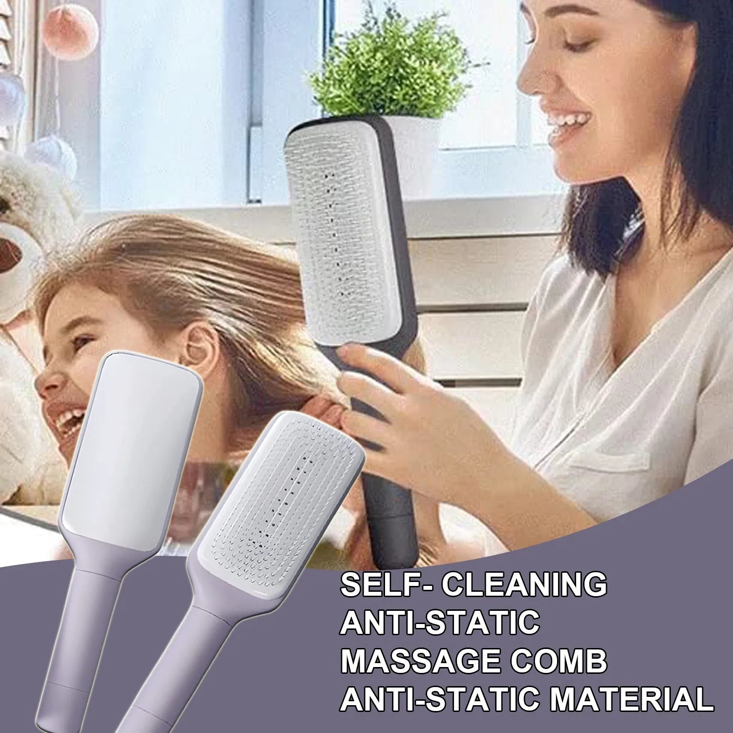 Self-cleaning hair brush with anti-static massage comb in purple colour