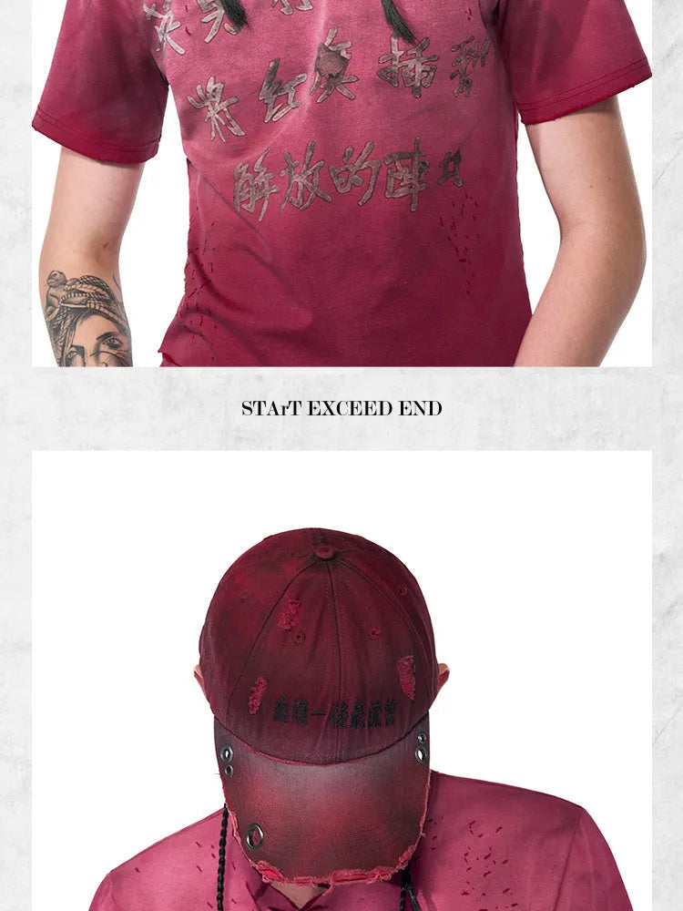 Rose red distressed peaked baseball cap with adjustable back strap and spray-painted vintage finish