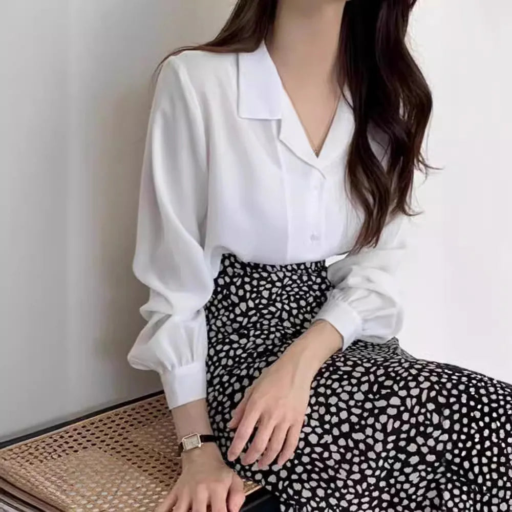 Simple suit collar chiffon shirt women's long sleeve loose cardigan style in white