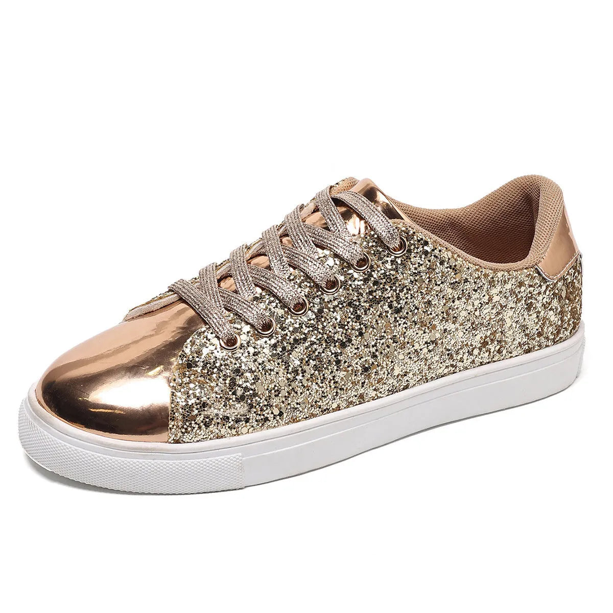 Women's plus size sequinned board shoes with front lace-up closure in black, gold, purple, and silver colour options