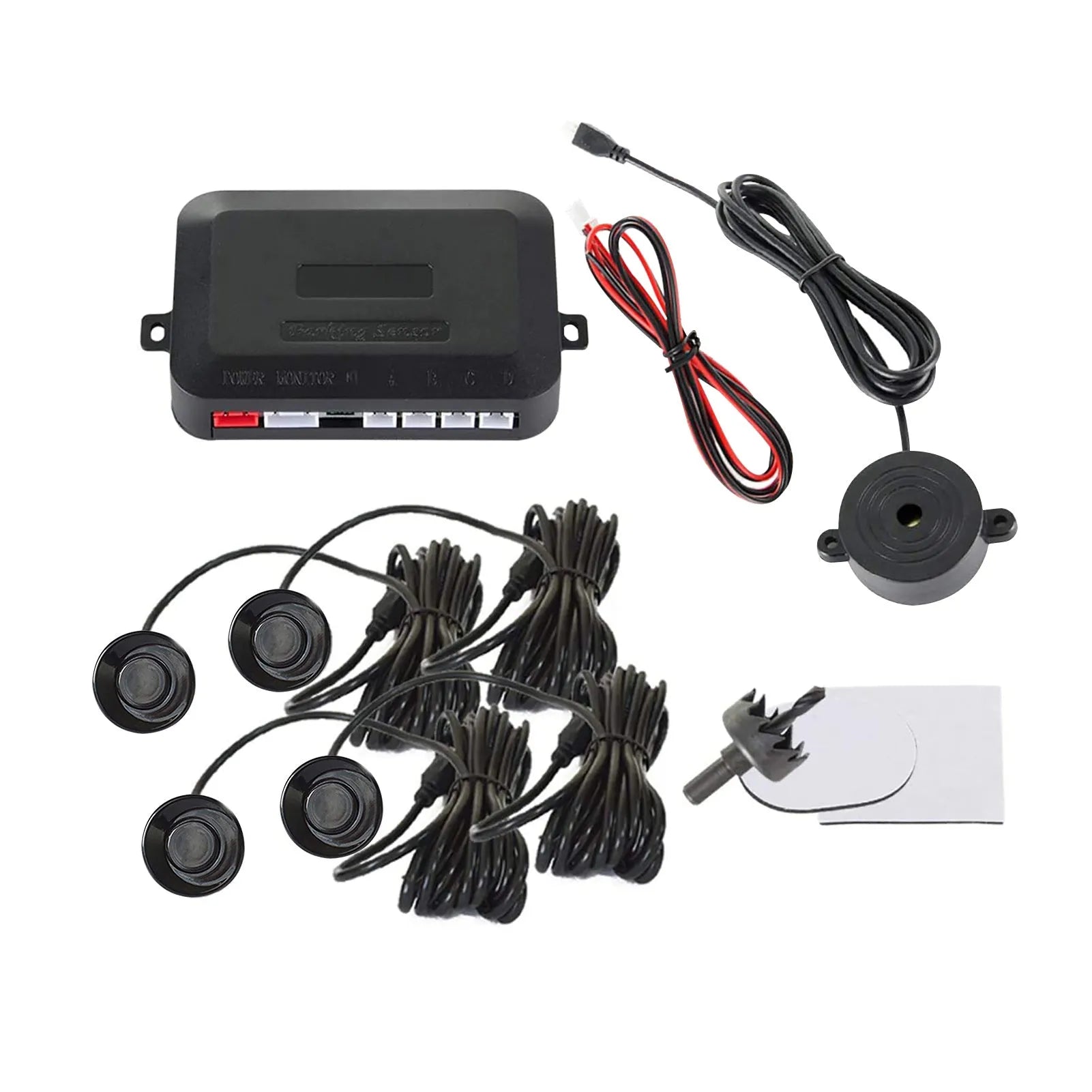 4-probe buzzer-only car reversing radar kit with sensors, control module, and hole saw on a grey background.