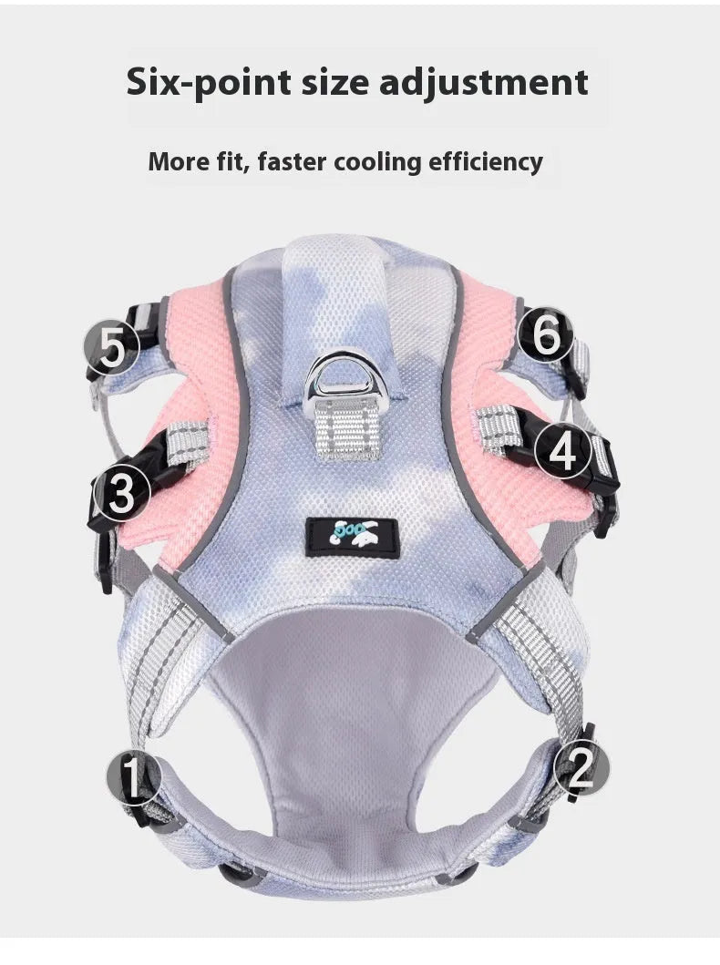 Light blue reflective dog chest strap cooling harness laid flat.