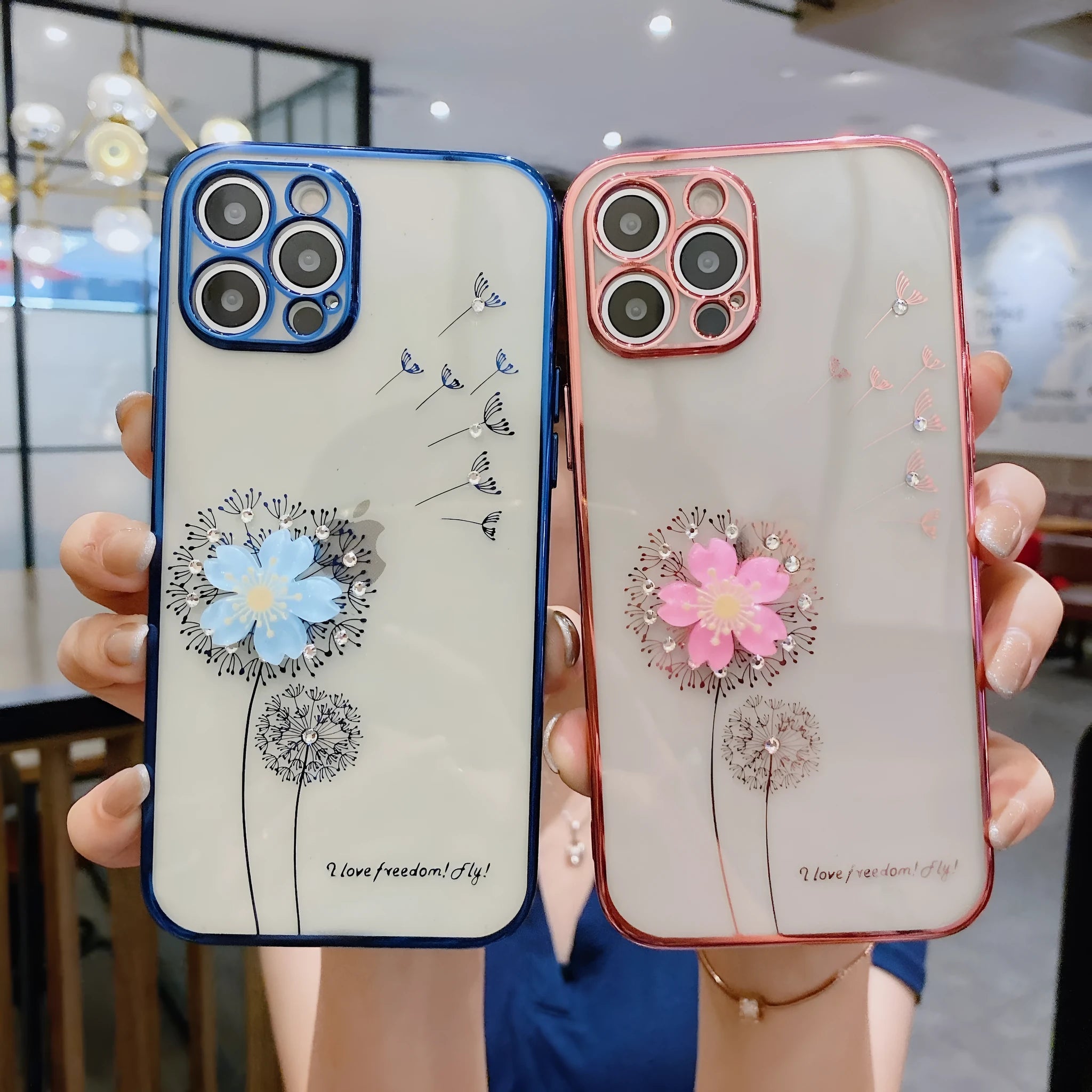 Green 3D floral design iPhone case with a rotating kickstand extended, showing the integrated screen protector.