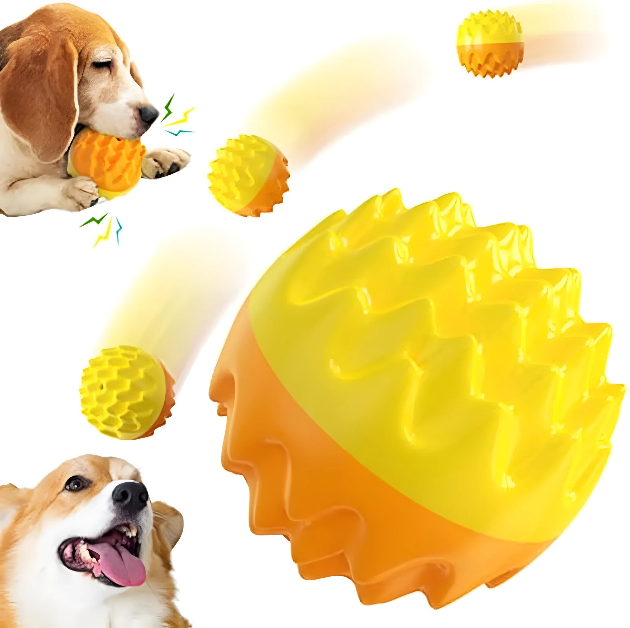 Blue spiky rubber dog ball with squeaker for dental cleaning and water fetch