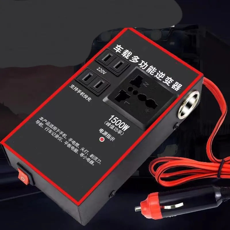 Black 12V 24V to 220V automotive power converter with car cigarette lighter plug and USB ports