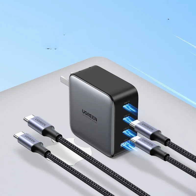 Compact 100W Gallium Nitride fast wall charger plug with multiple USB-C ports
