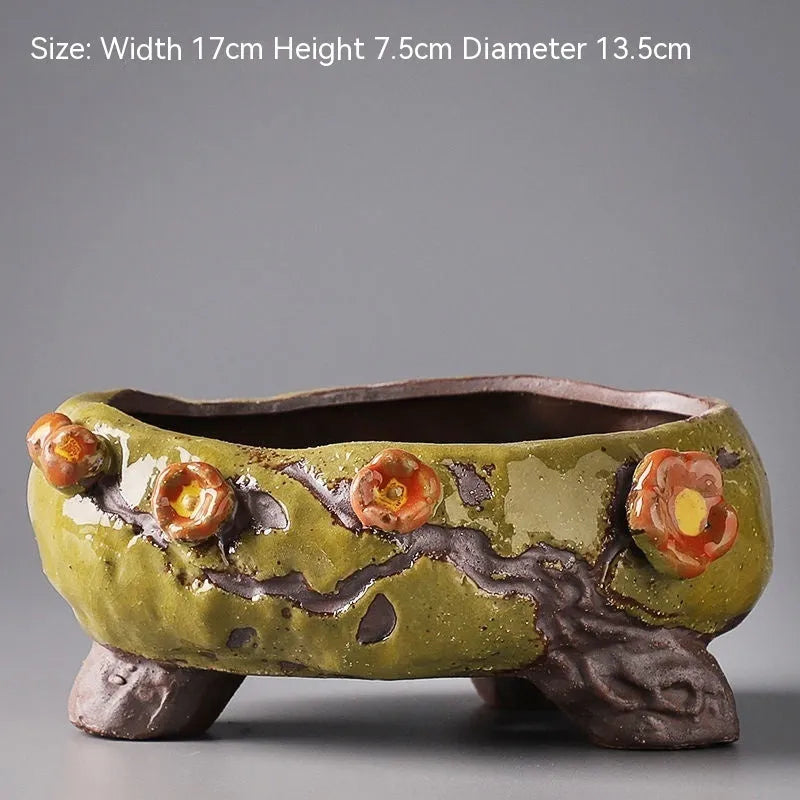 Handmade ceramic combination flower pot with hand-painted pastoral design for succulents