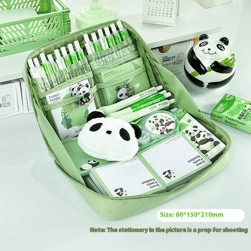 Green panda-themed pencil case with twelve compartments for stationery organisation