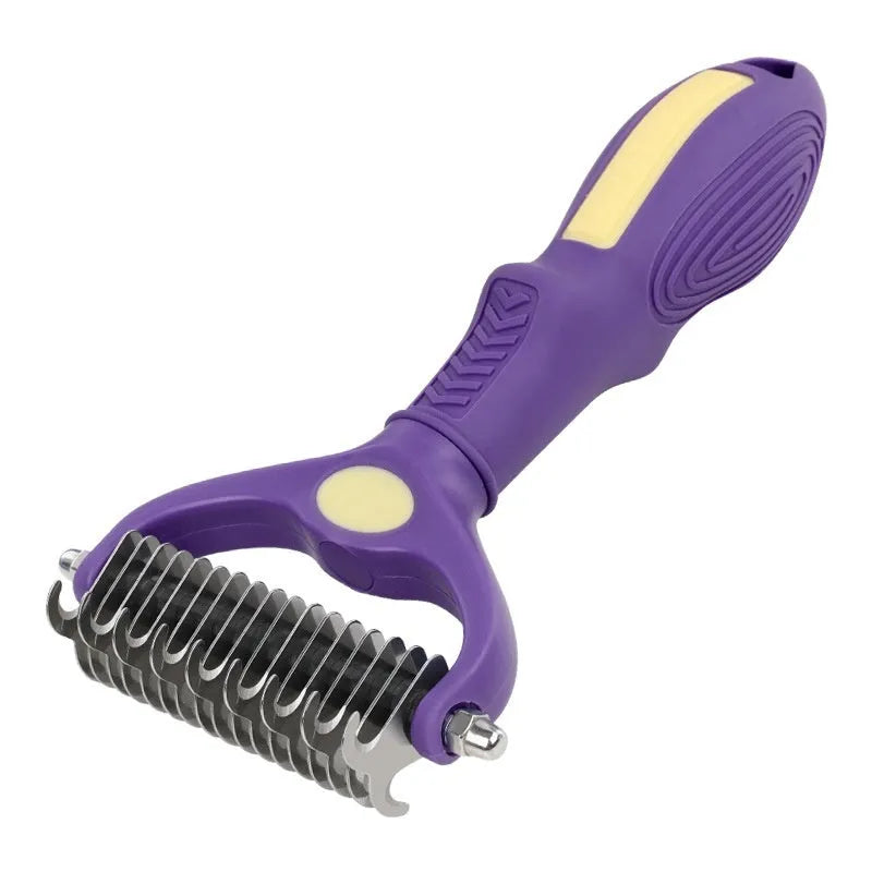 Purple plastic double-sided pet comb for dogs with knot removal and fine deshedding teeth.