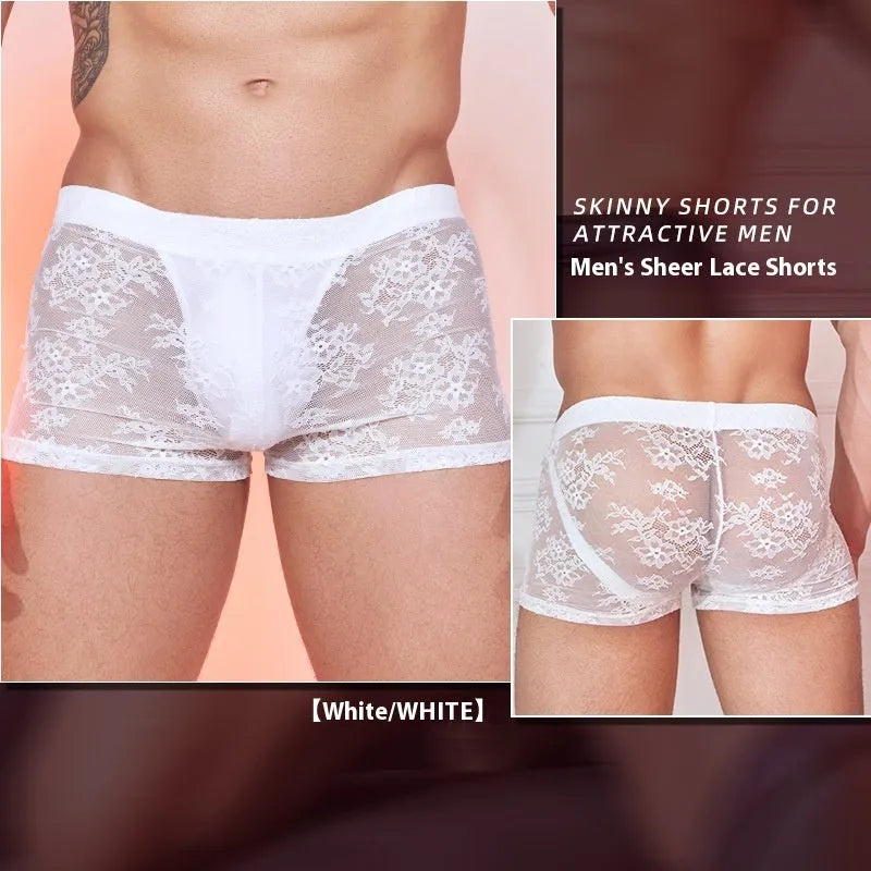 Men's black boxers with decorative lace fabric panels laid flat.