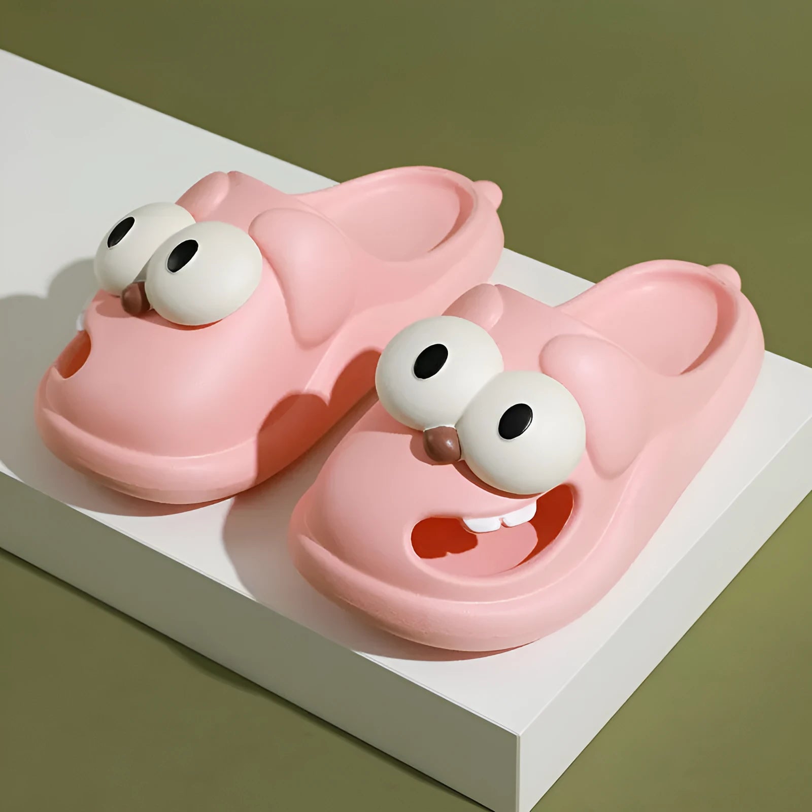Cartoon big eye dog slippers for women in green, PVC upper, indoor house shoes