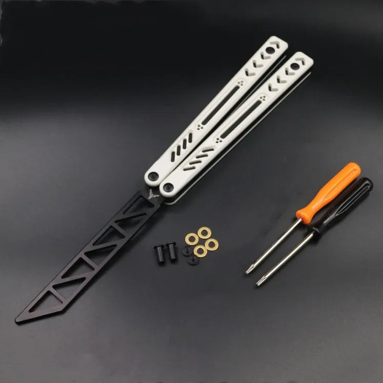 Unbladed aluminium butterfly knife trainer with G10 grip patches showing 25.5cm length and black finish