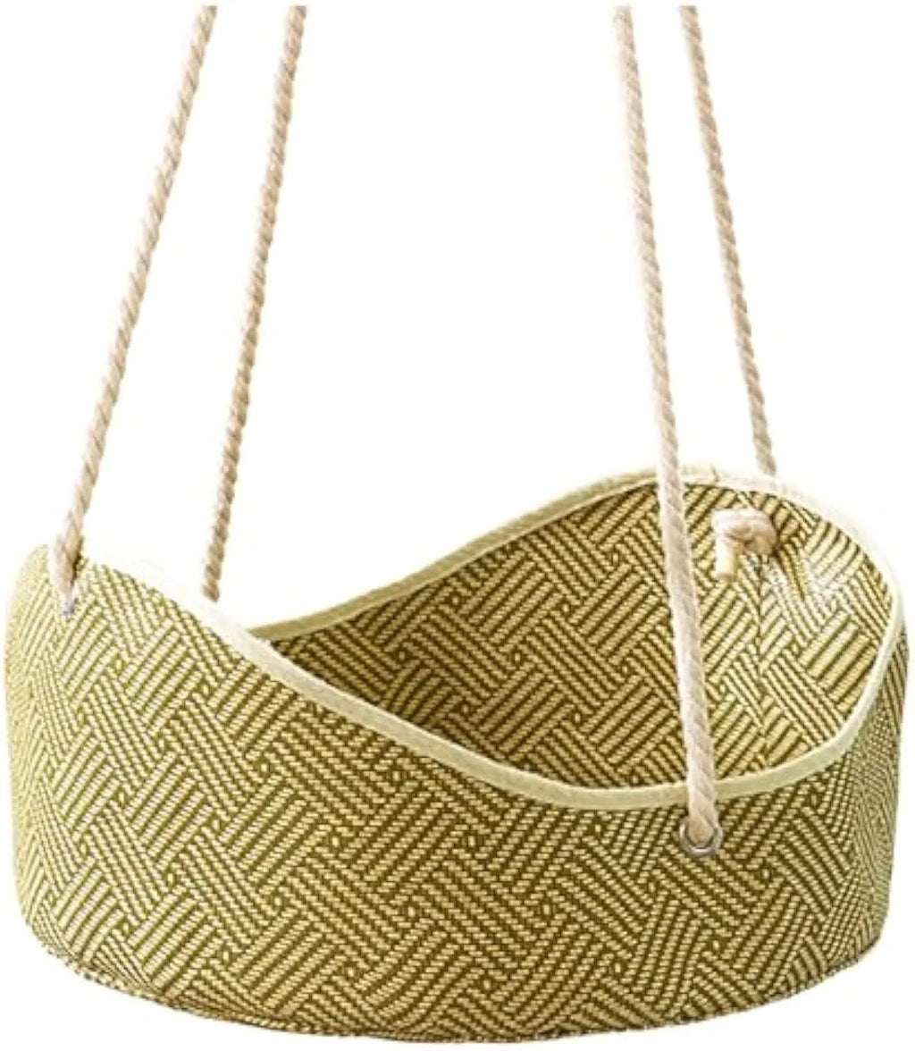 Green rattan cat hammock with cotton ropes and metal hooks, shown hanging.