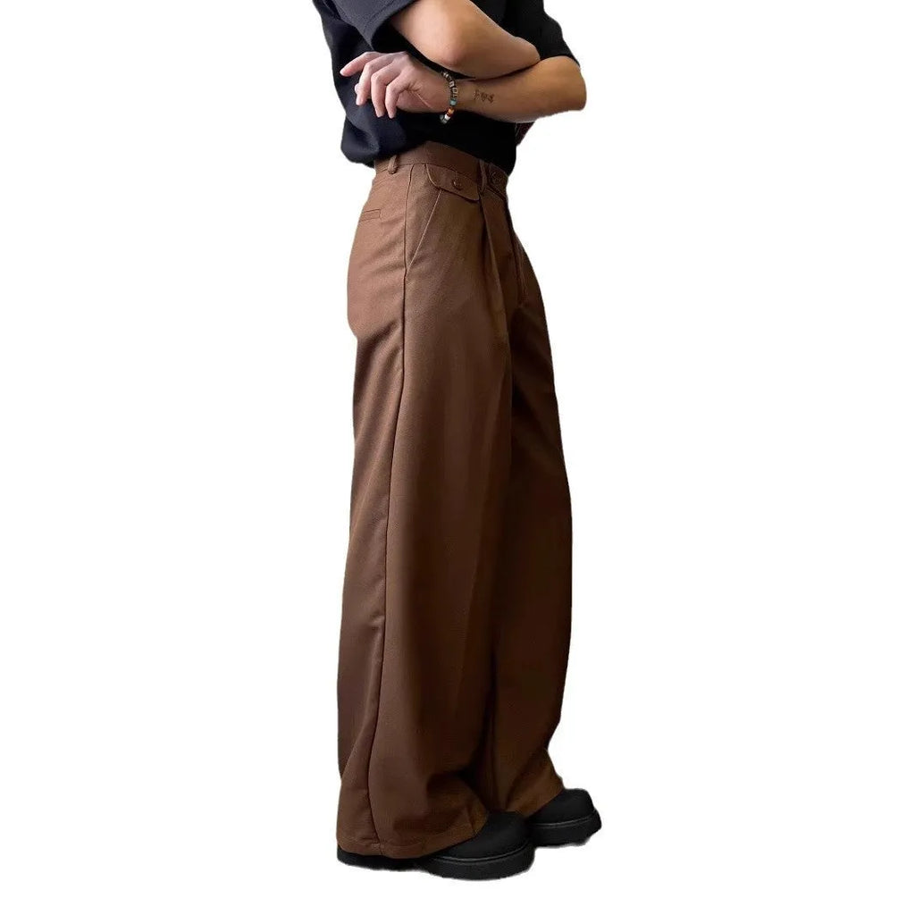 Men's straight-leg loose-fit casual suit trousers in brown and black colour options.