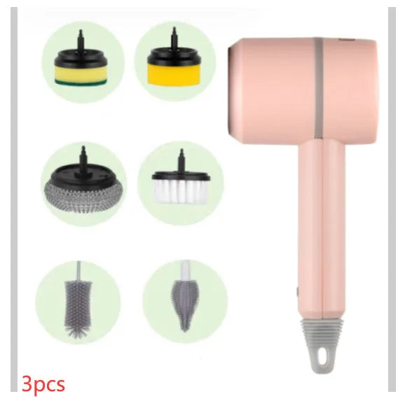 Green electric cleaning brush with three interchangeable scouring pad, brush, and sponge heads on a white background.