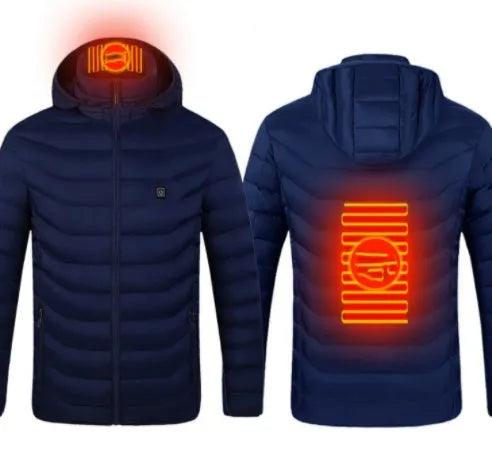 Men's USB electric heated jacket coat with removable hood, black zone 2, three heat settings