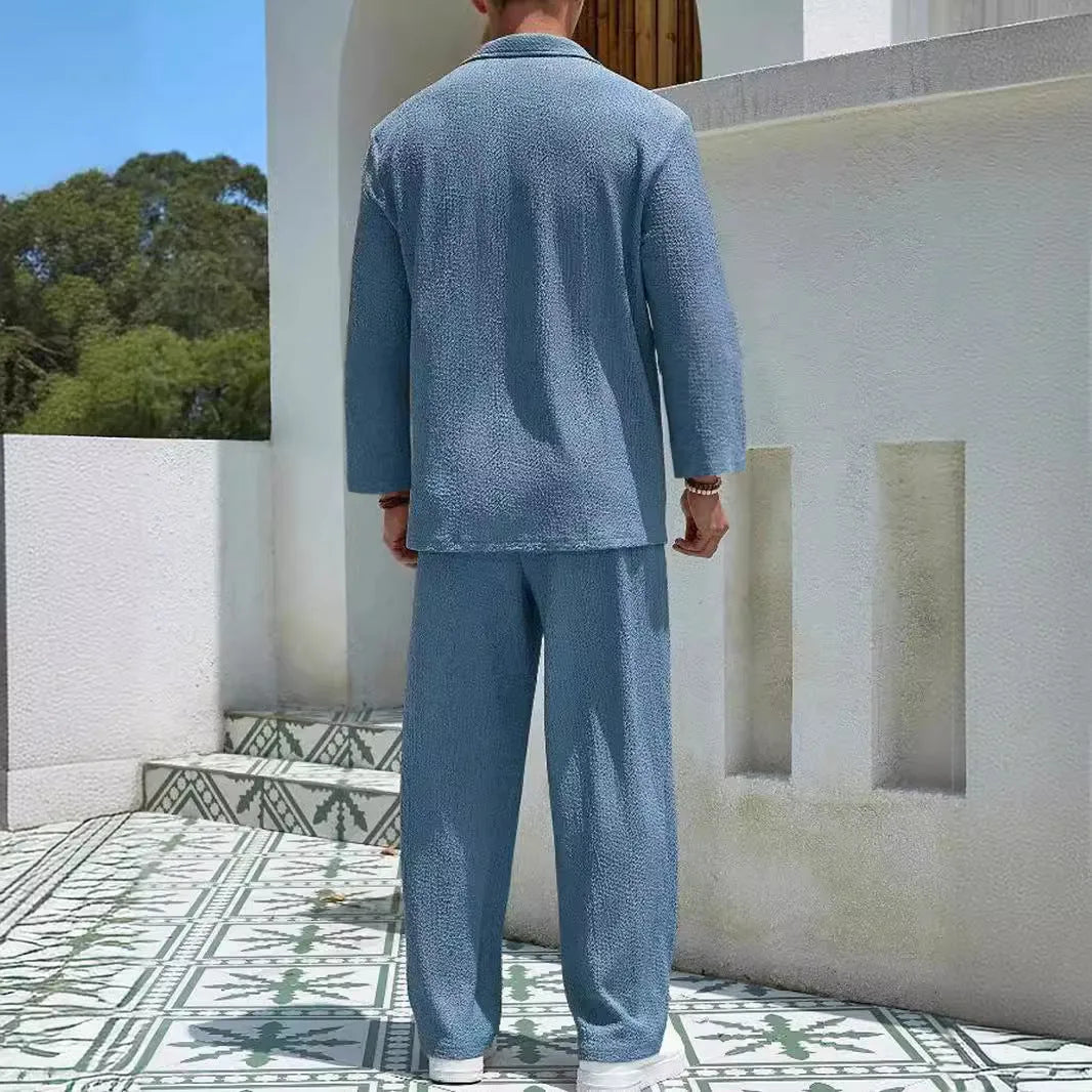 Men's casual shirt and trousers set in a choice of colours including lake blue and khaki.