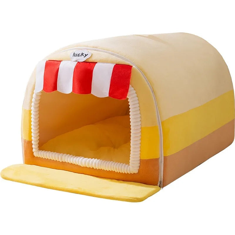 Sponge dog bed with painted autumn winter designs in rock yellow, green, and brown colour options
