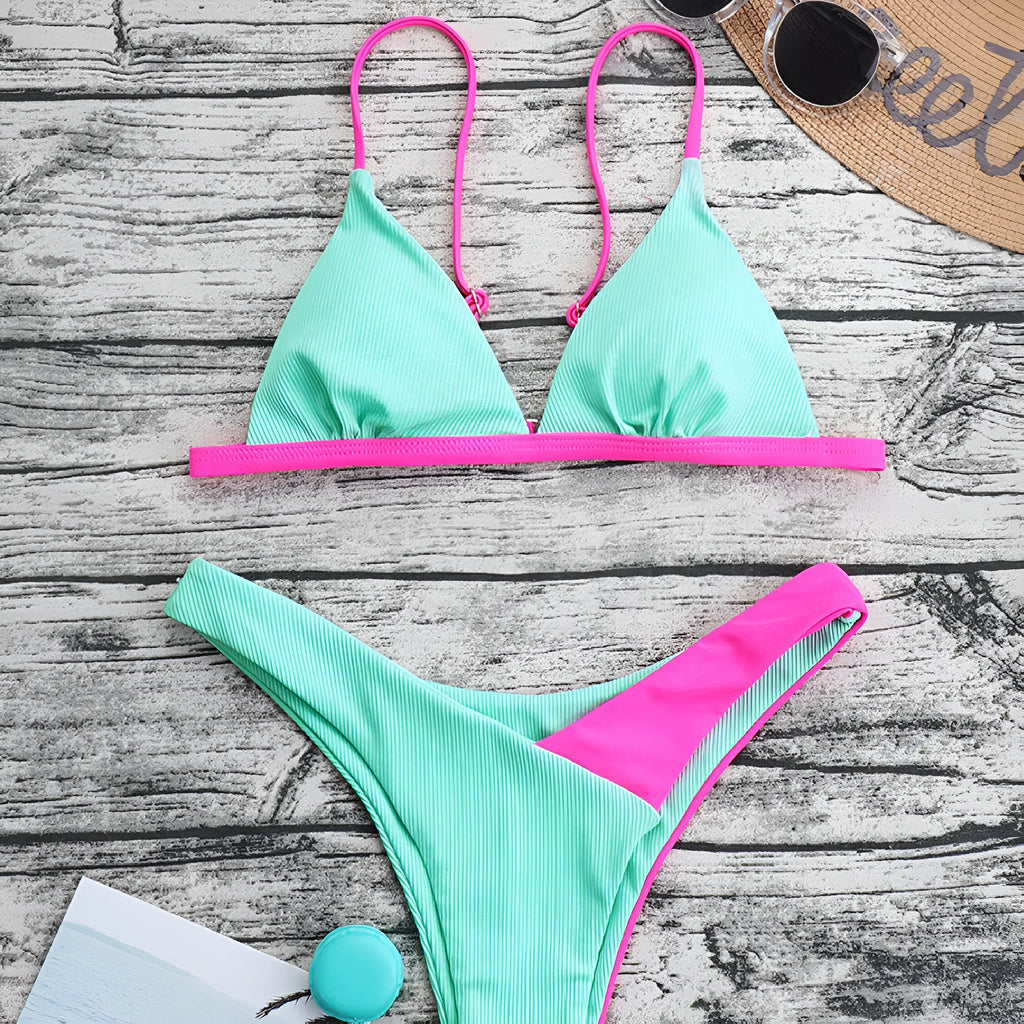 Women's nylon bikini swimsuit set with European American sizing in pattern designs