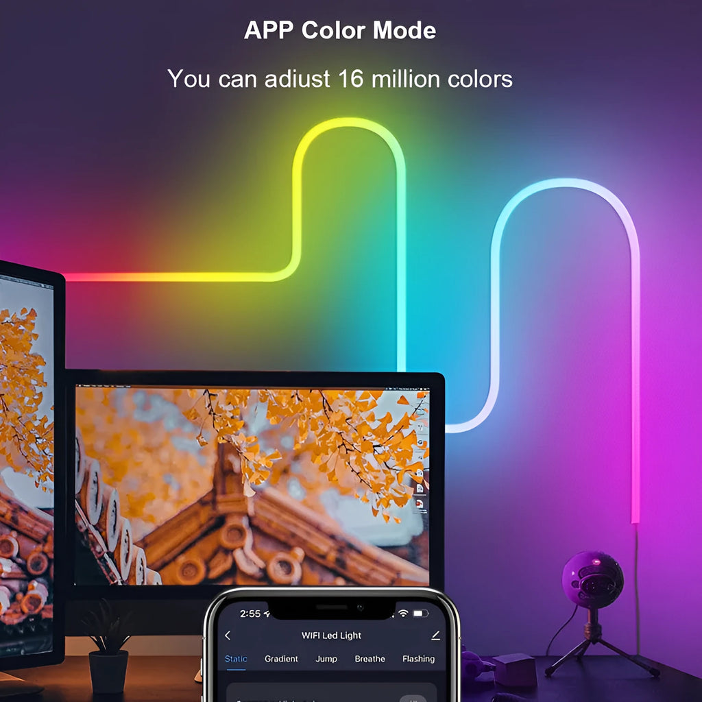 3 metre long RGB magic colour neon light strip with remote control for Bluetooth and Wi-Fi adjustment