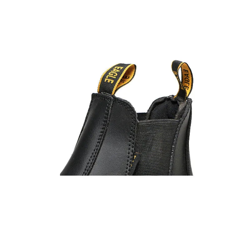 Black leather safety boots with high-top design and anti-piercing sole for workplace protection