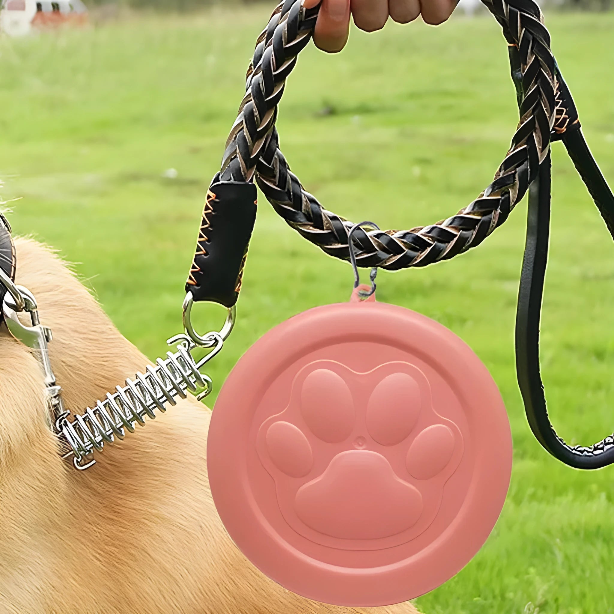 Collapsible silicone dog bowl in light pink, shown both folded flat and popped open, with separate lid next to it.