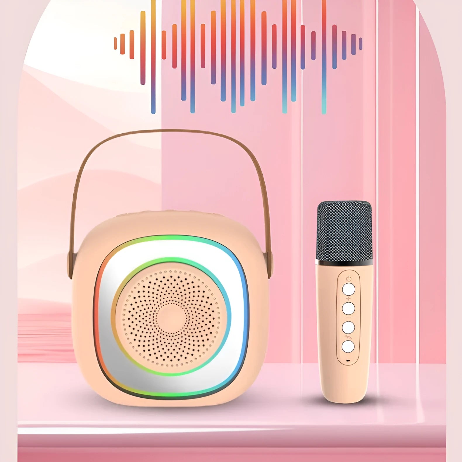 Wireless karaoke microphone in black with wheat detailing showing Bluetooth connectivity and lighting functions