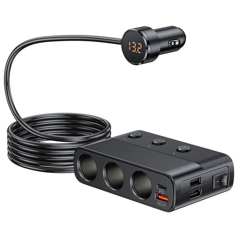 Black vehicle cigarette lighter USB charger with multiple ports showing dimensions 116mm x 71mm x 33mm