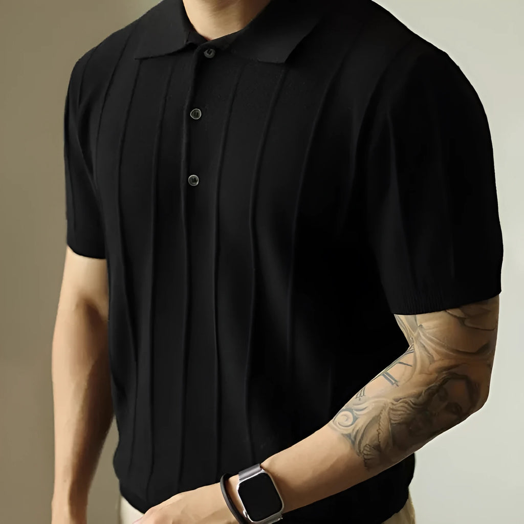 Men's solid colour loose fit polyester t-shirt on a hanger, shown in black and white.