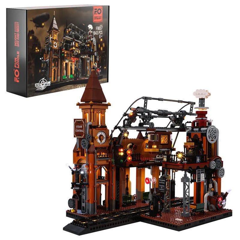 Steampunk train station model built from 1843 plastic blocks with LED lights and flash function