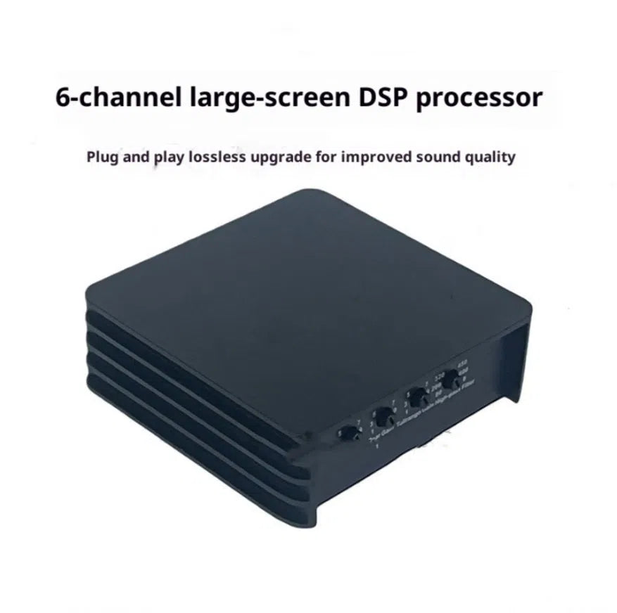 Black car DSP amplifier audio processor, 12 x 12 x 4cm, 12V, eight 75W channels, 105dB signal-to-noise ratio.