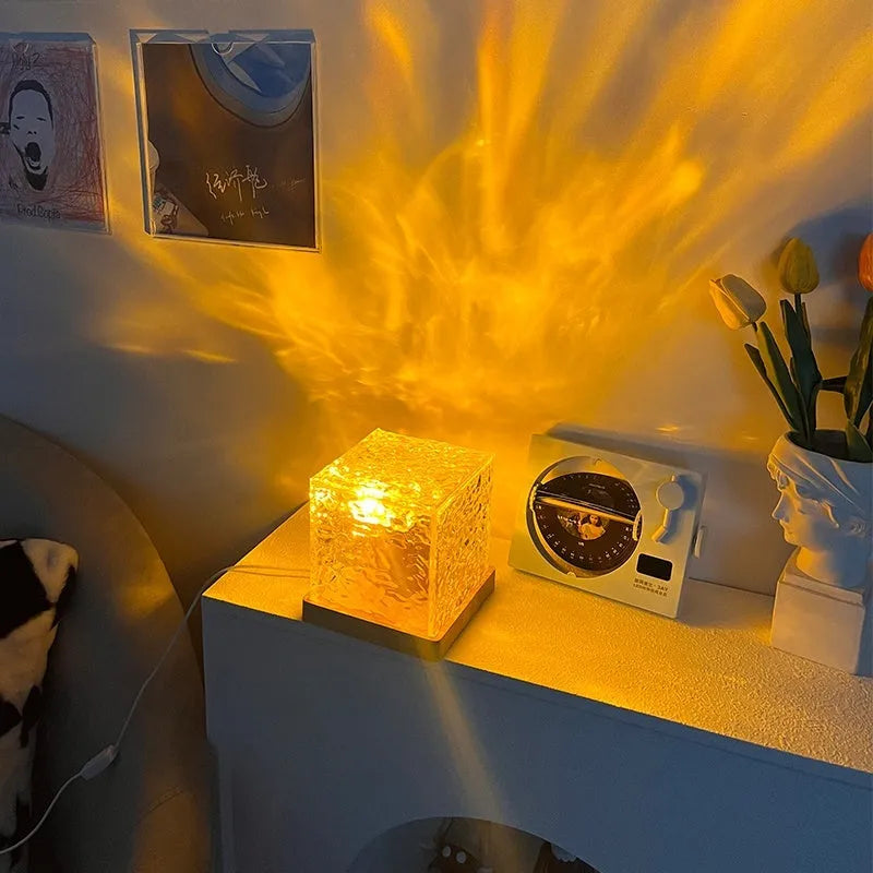 Remote control water ripple LED table lamp with USB cable and crystal projection element