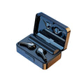 Black wireless Bluetooth in-ear headphones with microphone, silicone ear tips and charging box