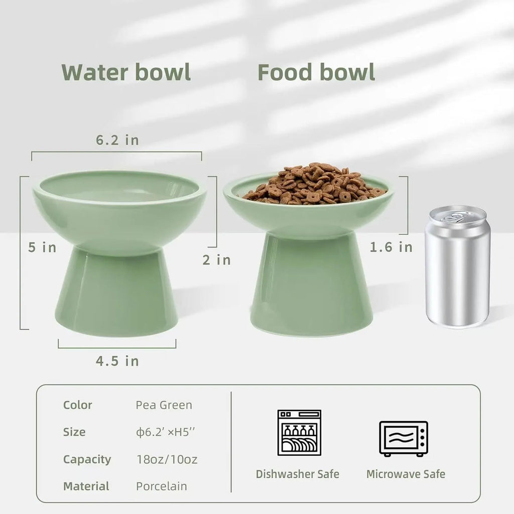 Ceramic elevated cat food bowl set in blue green pink or white colours with wide shallow design
