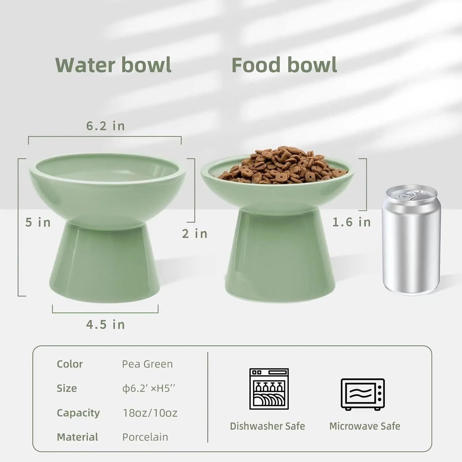 Ceramic elevated cat food bowl set in blue green pink or white colours with wide shallow design