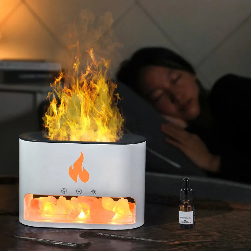 Square desktop flame humidifier with crystal salt stone and colourful atmosphere lighting