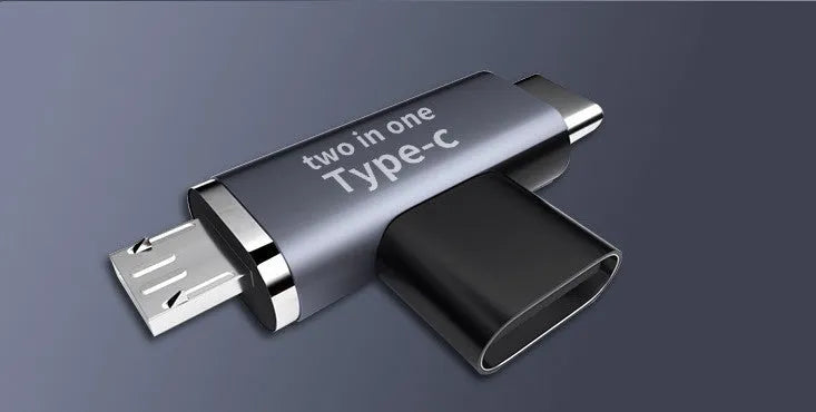 Aluminium alloy Type-C female to dual Type-C male T-type one-to-two adapter on white background